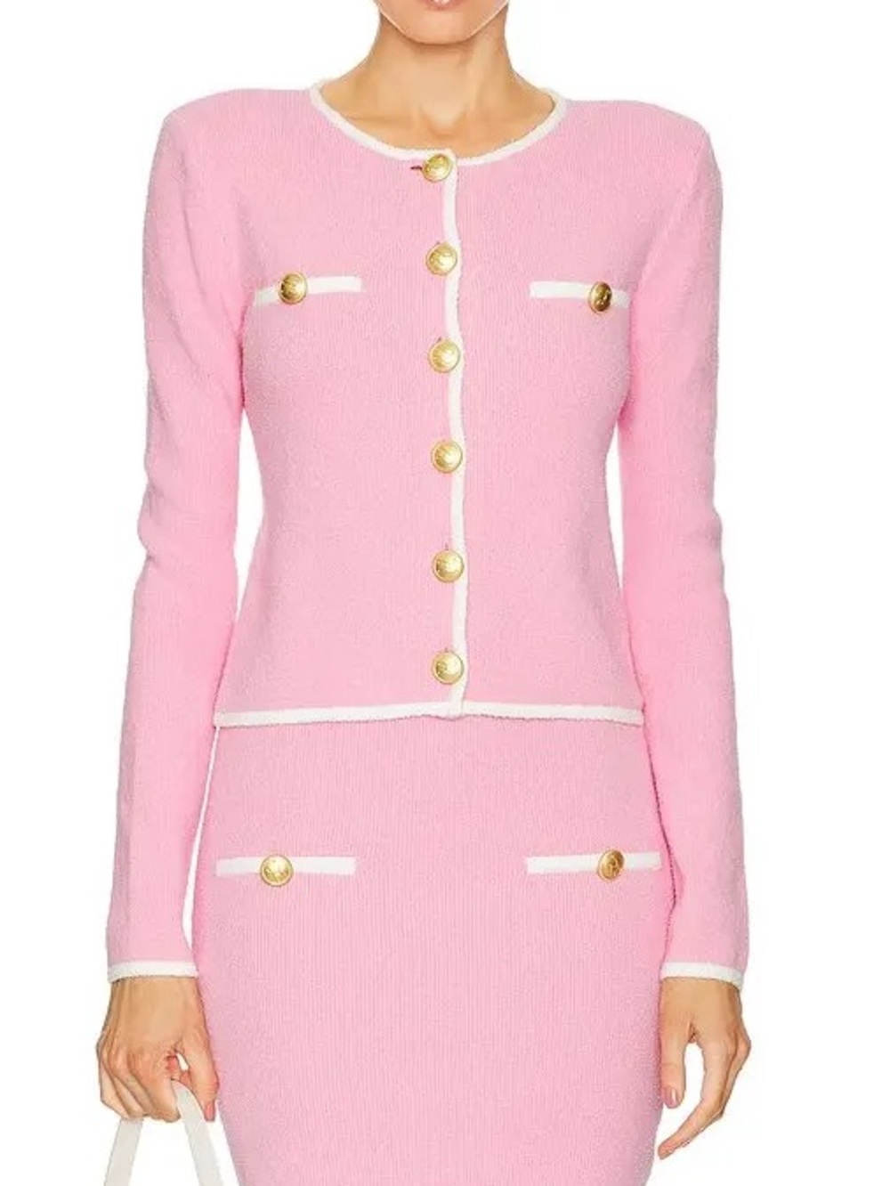 L’Academie Pink Bouclé Millie Button Front Cardigan with Ivory Trim